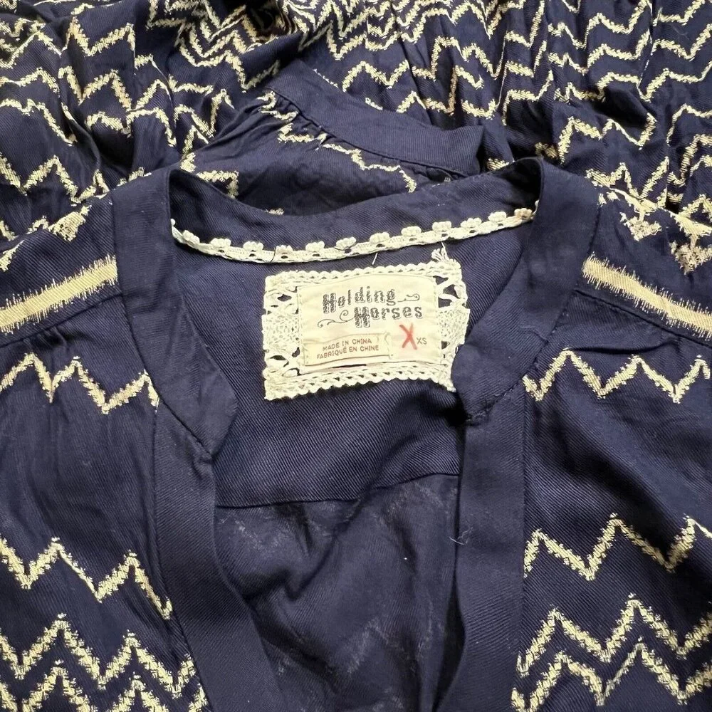 Anthropologie Holding Horses Farica Navy Blue Chevron Dress Travel Career Xsmall